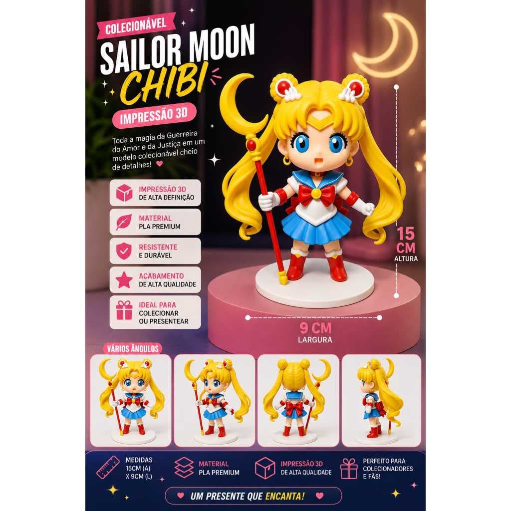 ailor Moon Chibi Colecionável 15cm | Boneca Geek Impressão 3D