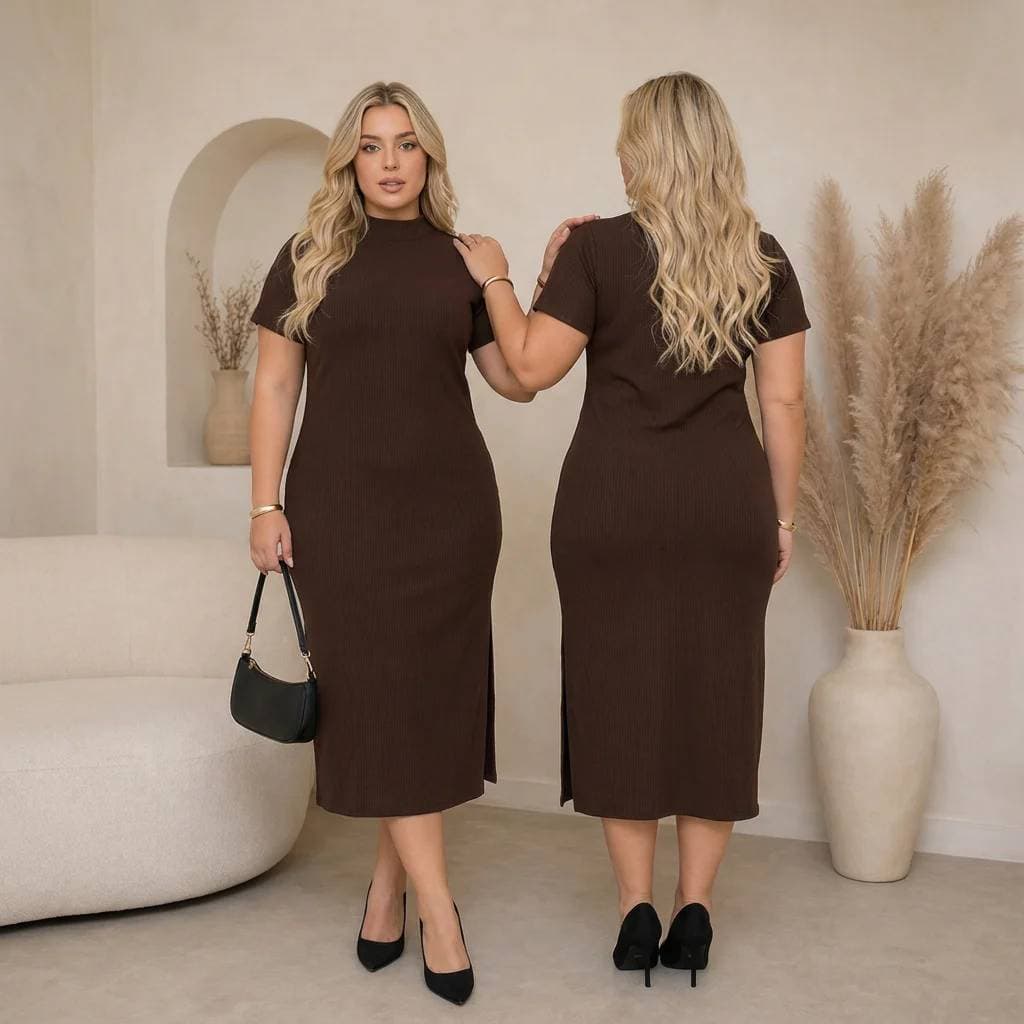 Vestido Feminino Midi Gola Alta Modesto Com Fenda Gola Alta Moda Plus Elegante Chique Confortavel