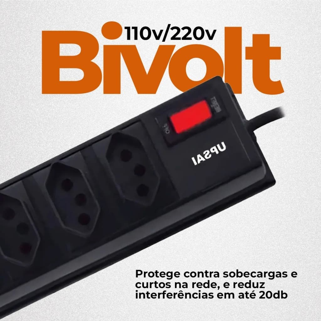 Filtro De Linha Extensao Upsai FL5 5 Tomadas 1,2m Protecao Surtos Sobrecarga Bivolt Audio E Tv