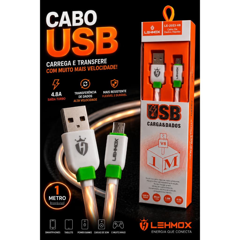Cabo Carregador Turbo Rápido Reforçado V8/  1M USB, Cabo de Dados Rápido Kaidi Lehmox
