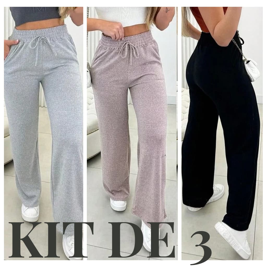 Calça pantalona de lazinho feminina cintura alta com bolso pra inverno confortável