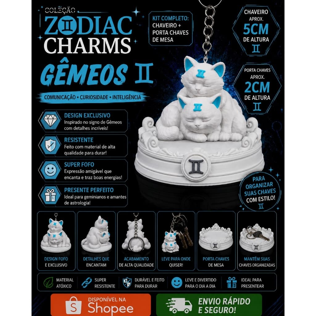 ♊ Kit Zodiac Charms – Gêmeos | Chaveiro + Porta-Chaves de Mesa | Impressão 3D em PLA