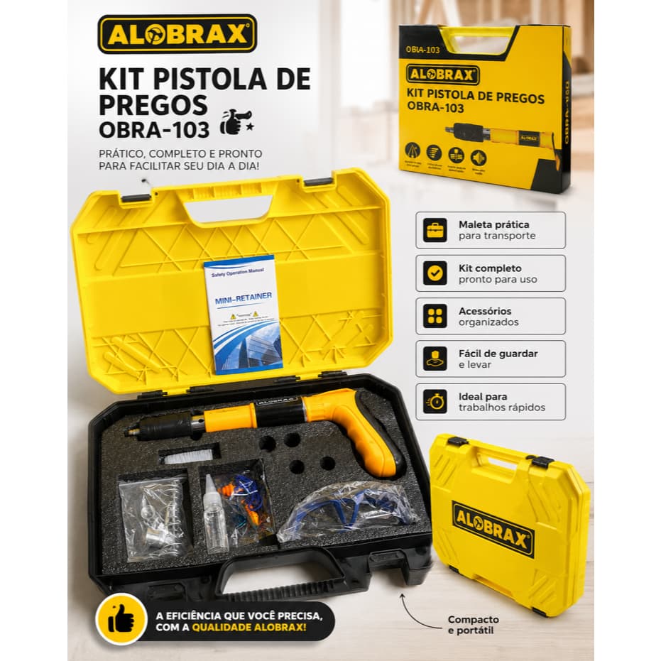 Kit Profissional Finca Pino Madeira Drywall Concreto + 200 Pregos Fixação Forte Com Maleta Organizadora
