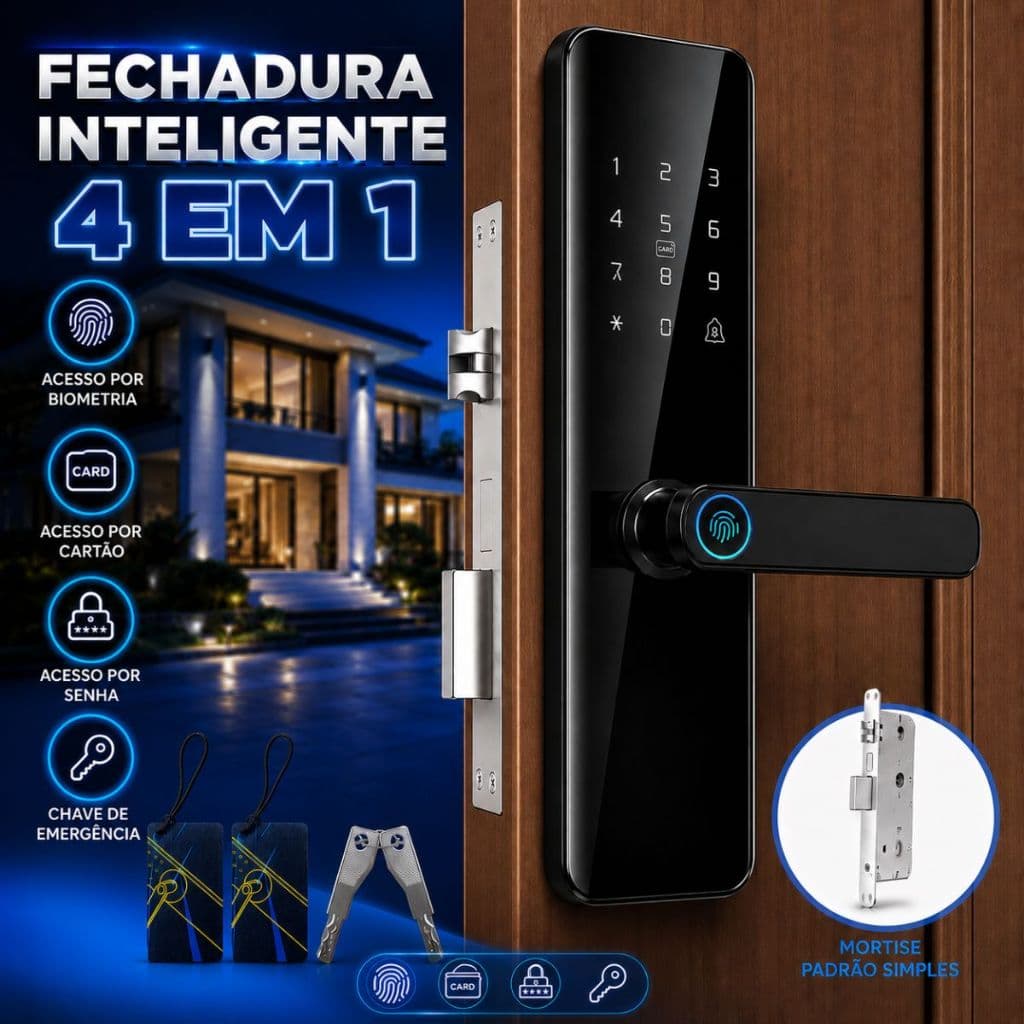 Fechadura Digital Inteligente Biométrica 4 em 1 com Senha Cartão e Chave de Emergência Segurança Residencial