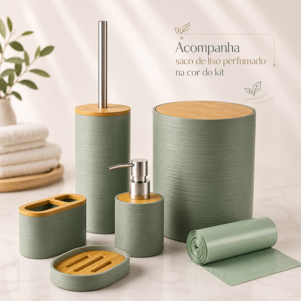Kit Banheiro Lavabo 5 Peças Completo Lixeira Tampa Bambu Dispenser Porta Sabonete Saboneteira Escova