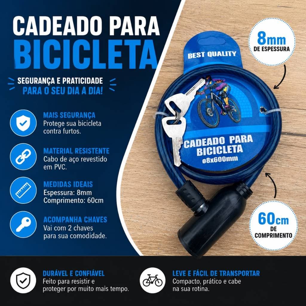 Cadeado Para Bicicleta  60 cm de Comprimento, 8 mm de Espessura Reforçado Trava anti Furto