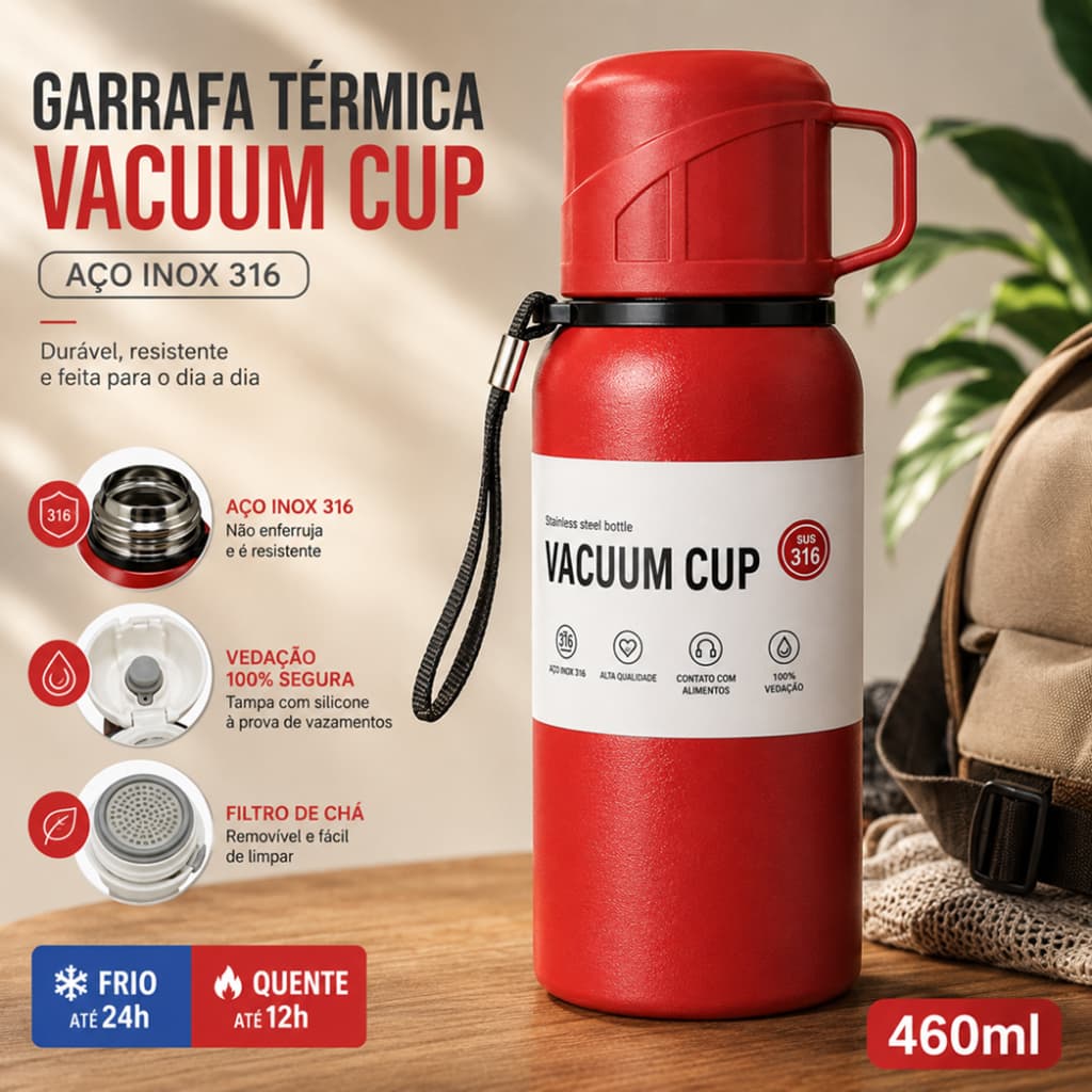 Garrafa Térmica 460ml Inox SUS316 com Copo Filtro de Chá Parede Dupla a Vácuo Antivazamento Quente e Frio