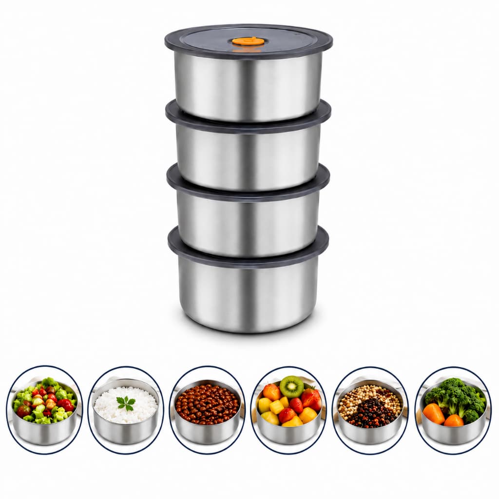 Kit 4 Potes Herméticos Inox 450ml com Tampa Vedação para Marmita Alimentos Geladeira Cozinha e Organização