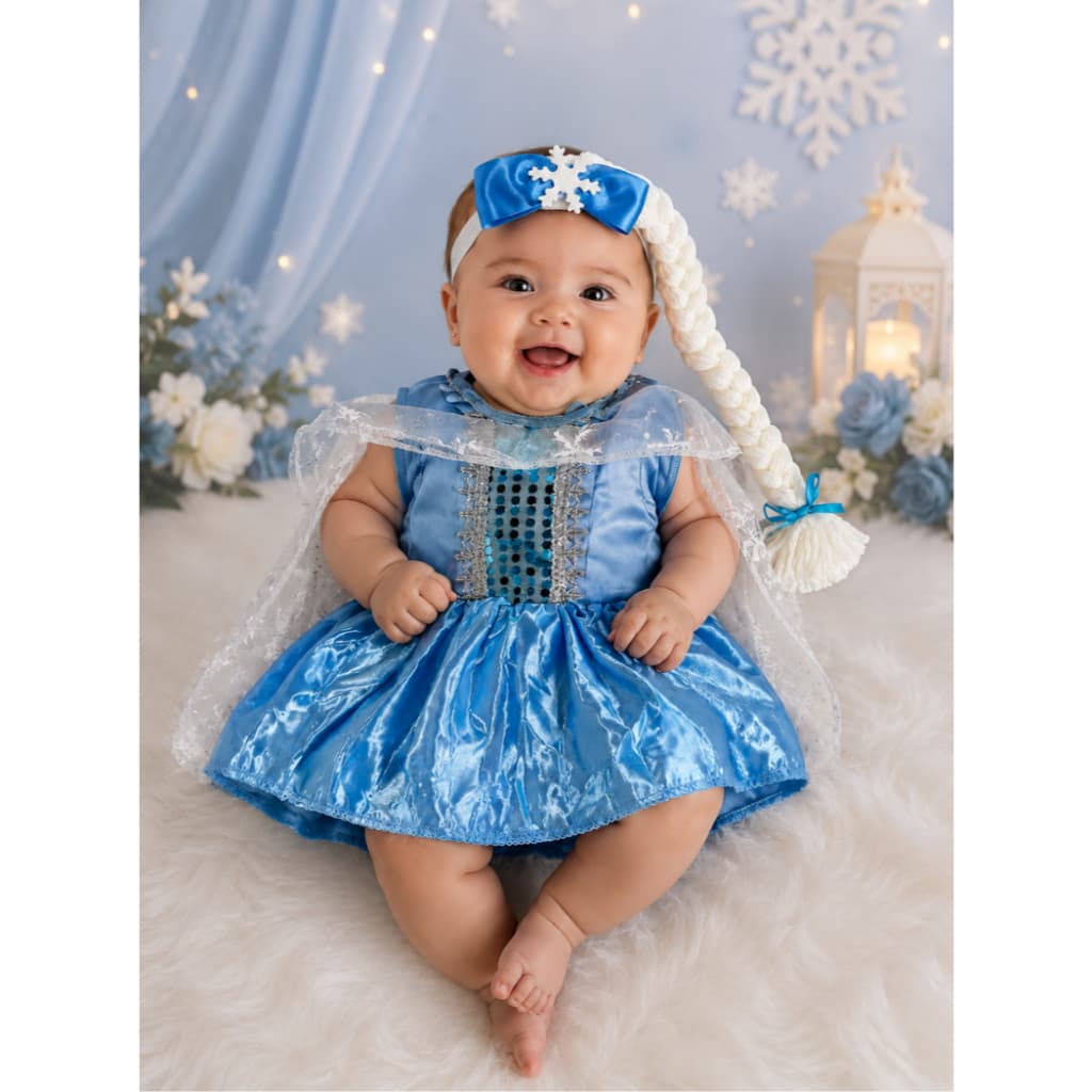 Fantasia Infantil Frozen Elsa Com Faixa Trança Roupa Vestido Body Bebe Princesa
