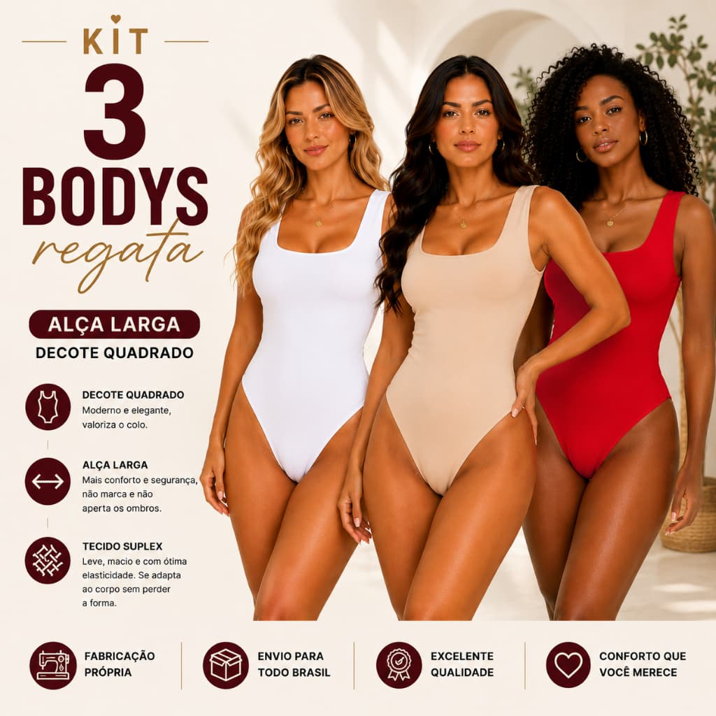 Kit 3 Body Regata Feminino Decote Quadrado Alça Larga Suplex Body Básico Premium