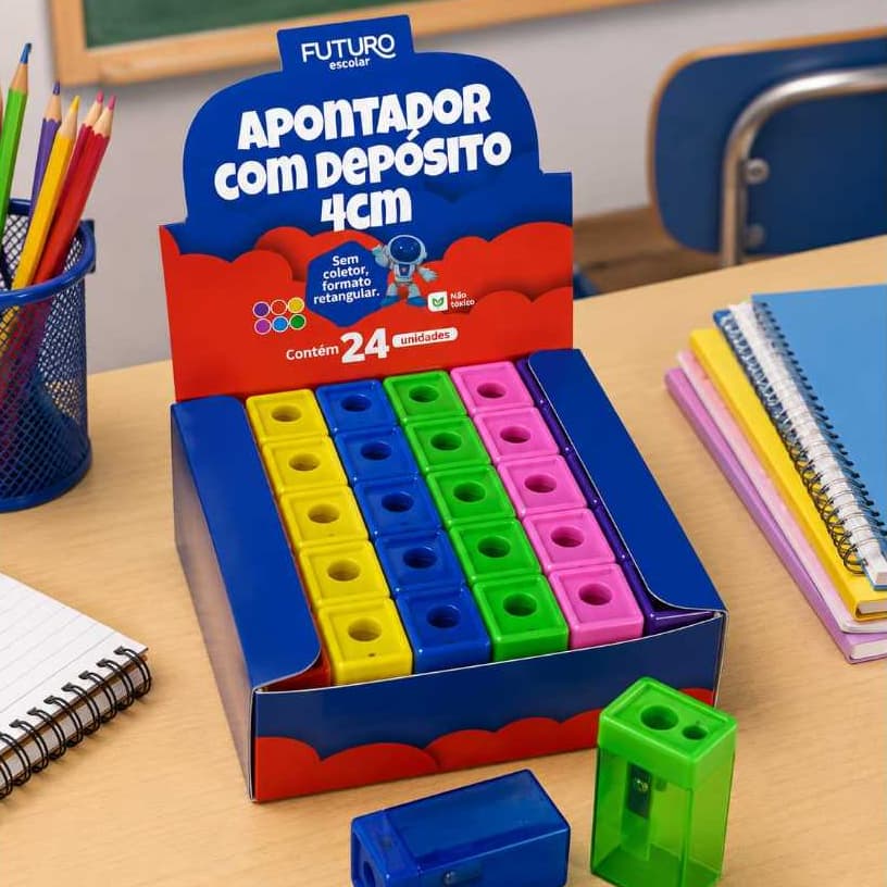 2 Kit 24 Apontador Com Deposito 4cm Cores Sortidas Futuro