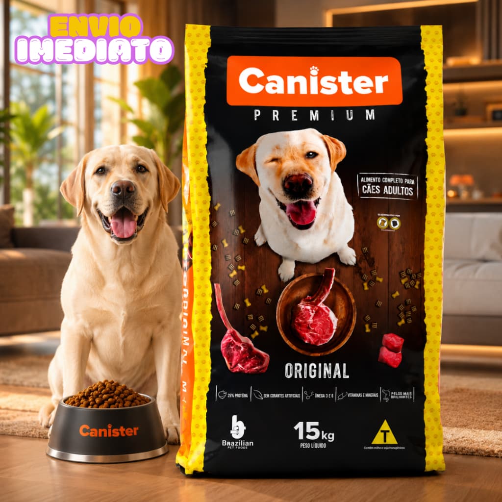 CANISTER PREMIUM 15kg ração p/Cães cachorro de todos os portes sabor Carne - Envio imediato;
