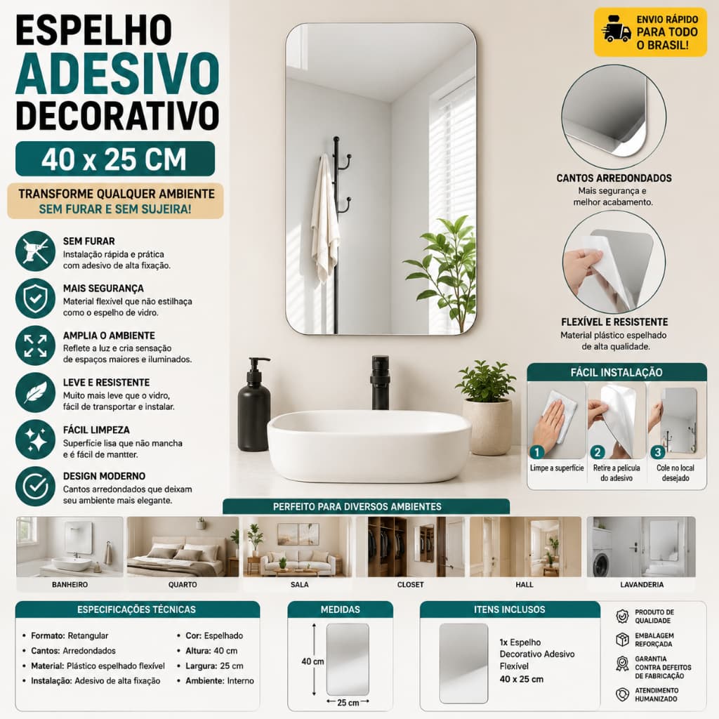 Espelho Adesivo Flexível 40x25 Retangular Canto Arredondado