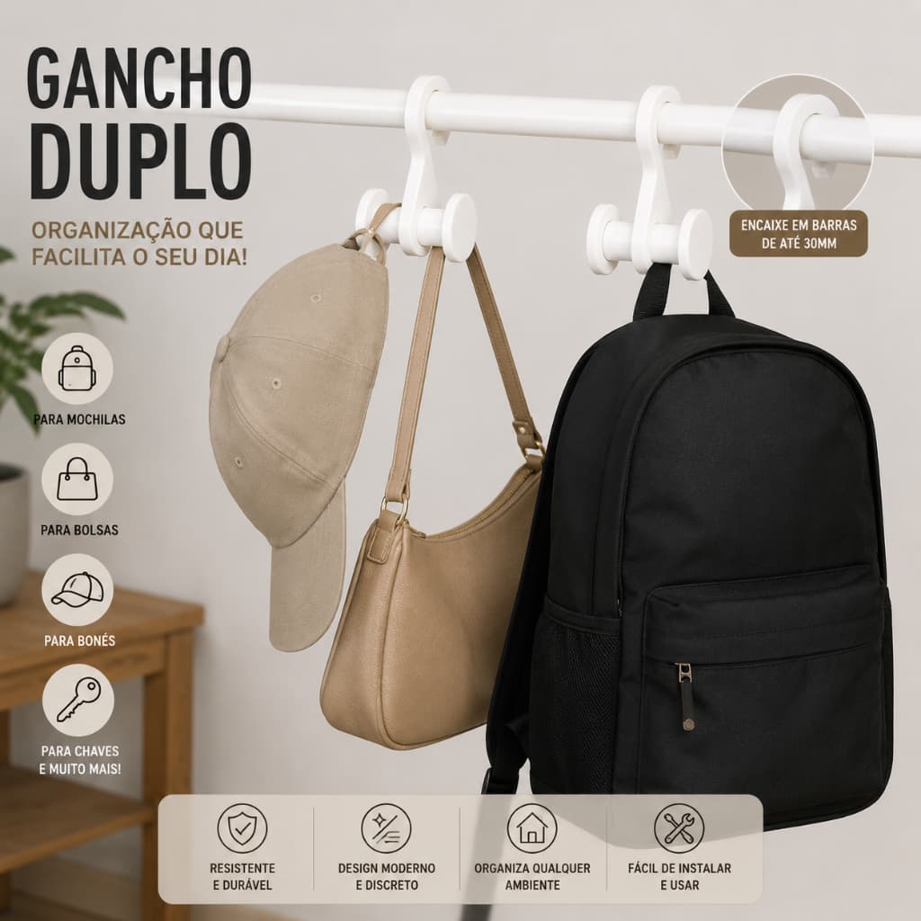 Gancho Duplo Organizador para Armário | Suporte para Bolsas, Mochilas, Bonés e Acessórios.