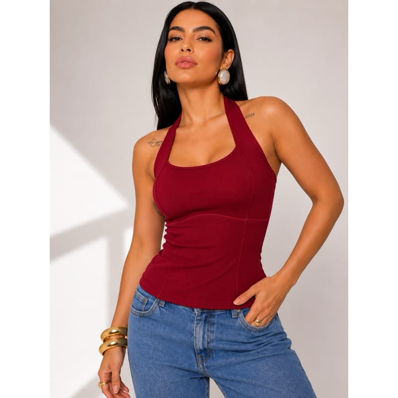 Blusa Feminina Top Halter Cropped Decote Frente Única Costas Nua Verão