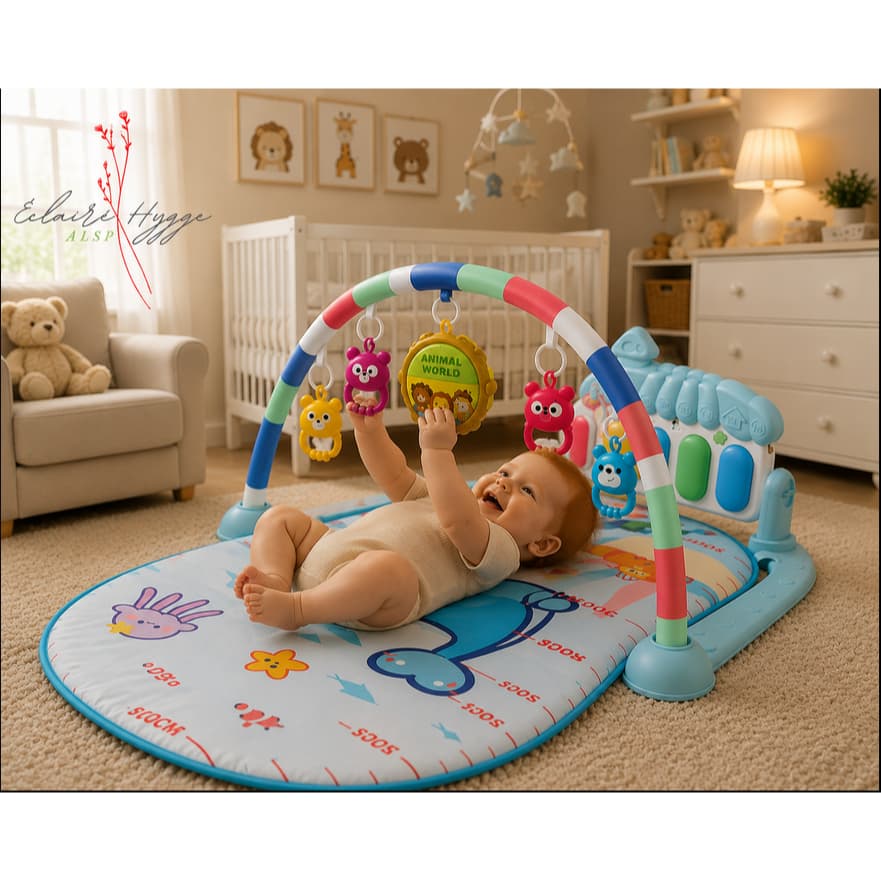 Tapete de Atividades Infantil com Piano Musical Removível para Bebê + 5 Brinquedos + Azul + Arco de Atividades INMETRO