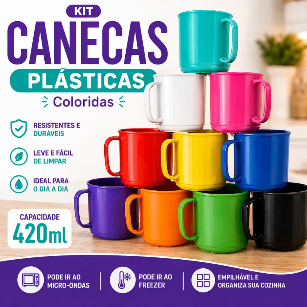 Kit Canecas Plástica 420ml Resistente Ideal para Merendas Escola Crianças Festa 5/10 Unidades