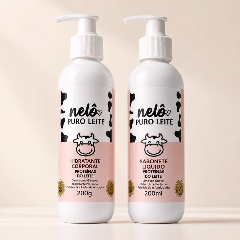 Kit Hidratante Corporal + Sabonete Líquido Nelo Puro Leite 200g/200ml Hidratação Profunda Pele Macia
