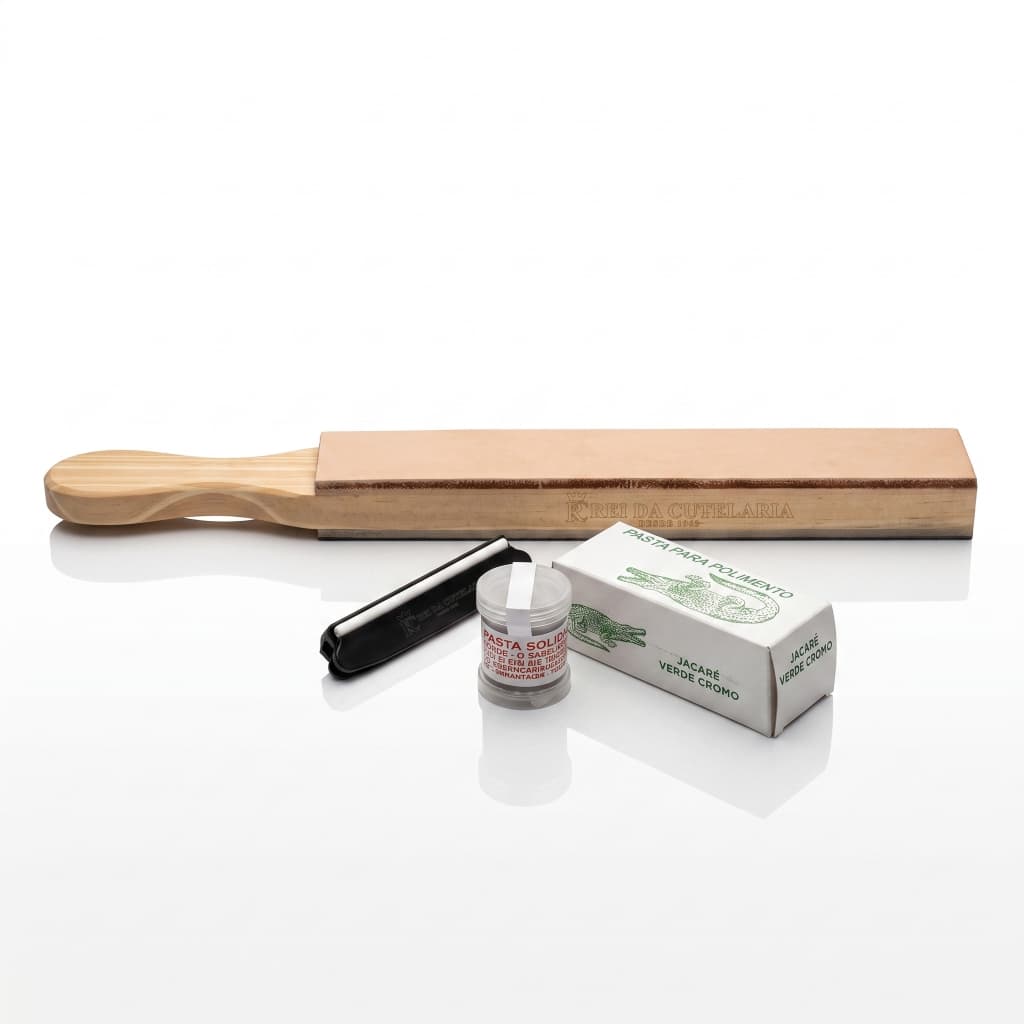 Kit Afiação Profissional: Strop Couro Dupla Face + 2 Pastas + Guia Fixador de Ângulo Rei da Cutelaria