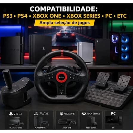 Volante  Para Pc Ps4 Xbox Series 7EM1 Motor duplo de vibração Gamer 270° Pedais Cambio KP5818