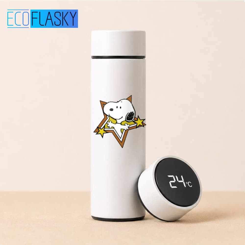 Garrafa Térmica de Água Infantil de Aço Inoxidável Snoopy com Termometro LED Digital Estampada 500ml