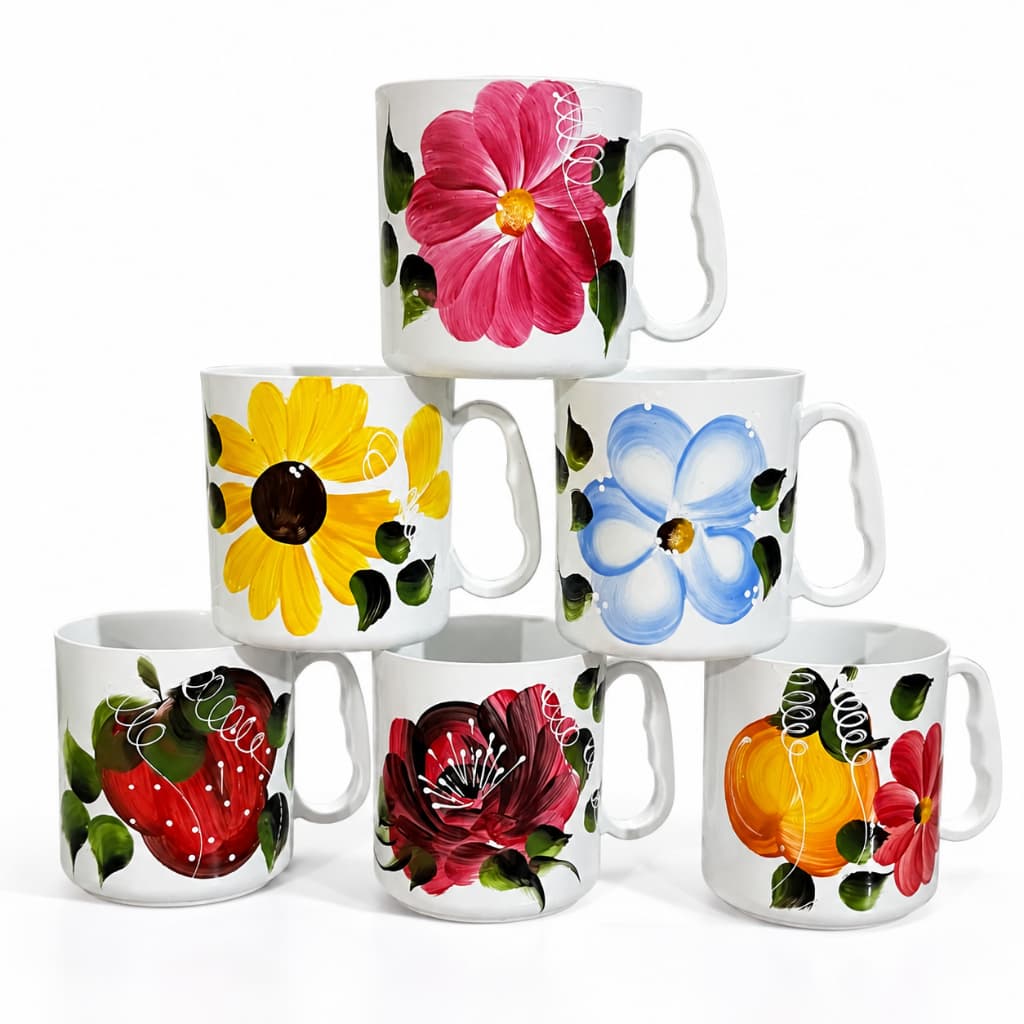 Kit Canecas Plásticas Pintadas Decoradas à Mão Flores Floral Coloridas Café Chá Suco Criança Idoso