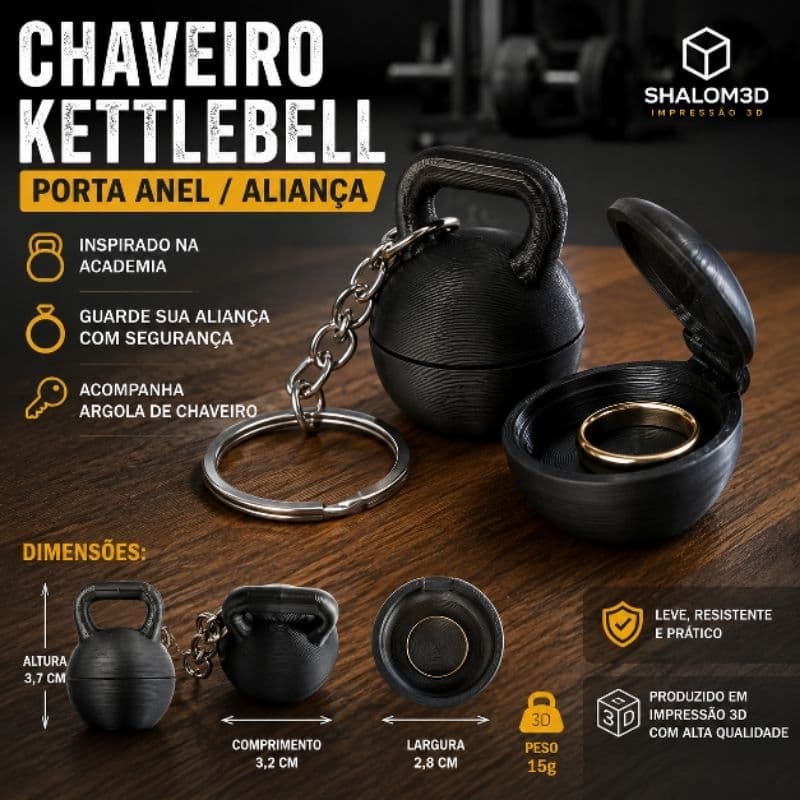 Chaveiro Kettlebell Academia Porta Anel e Aliança | Impressão 3D