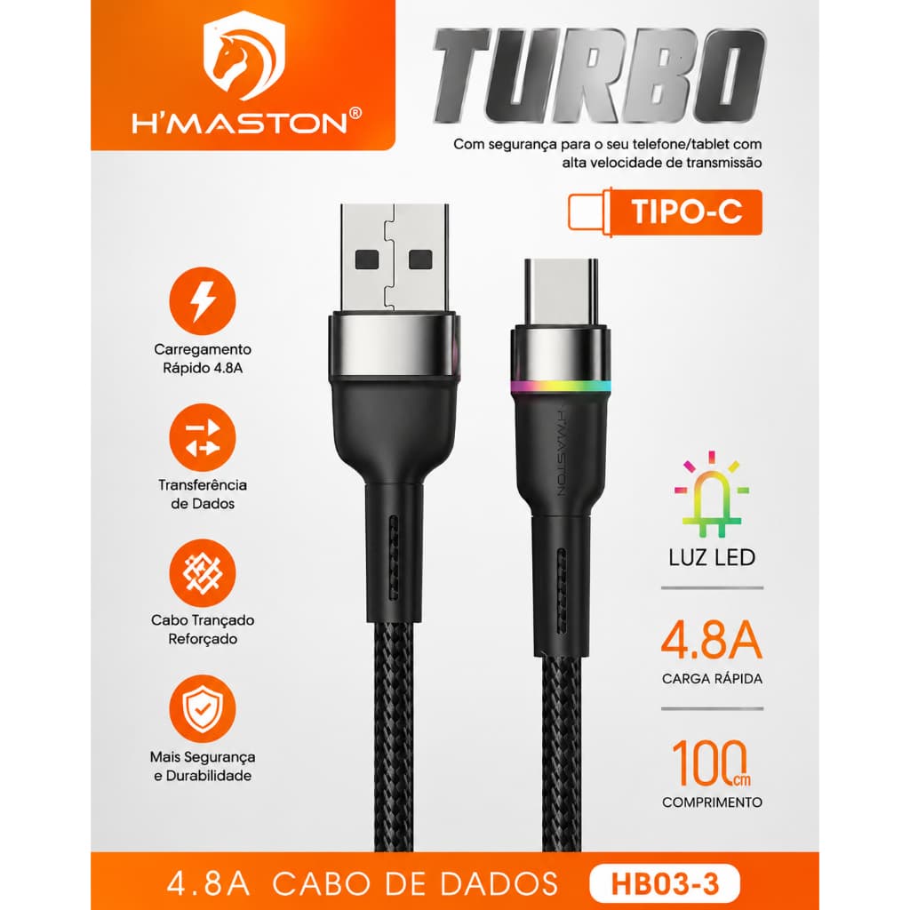 Cabo Tipo C X USB Turbo 4.8A H'MASTON LED Carregamento Rápido Reforçado HB03-3 1M