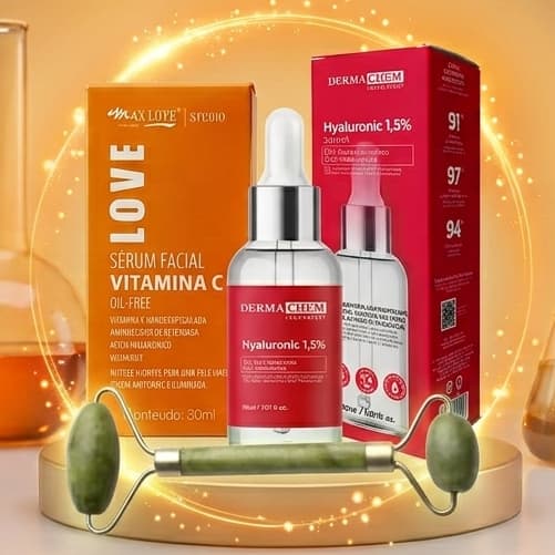 Kit Massageador de Jade Com Ácido Hialurônico 1,5% Vitamina C Combate Previne Rugas Linha de Expressão