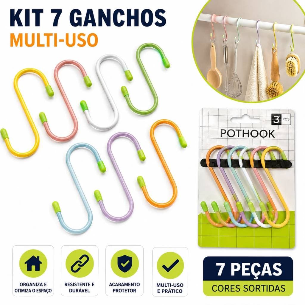 Kit Ganchos Formato S Multiuso Colorido Para talheres e diversos  Envio Imediato