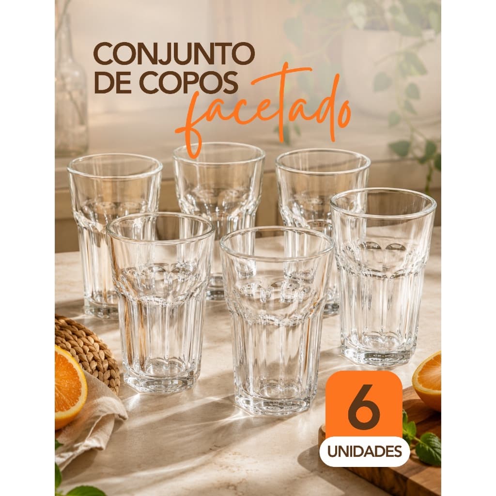 Conjunto Kit 6 Copos 400 ML Vidro Grosso E Resistente Facetado Premium Agua Suco Refrigerante