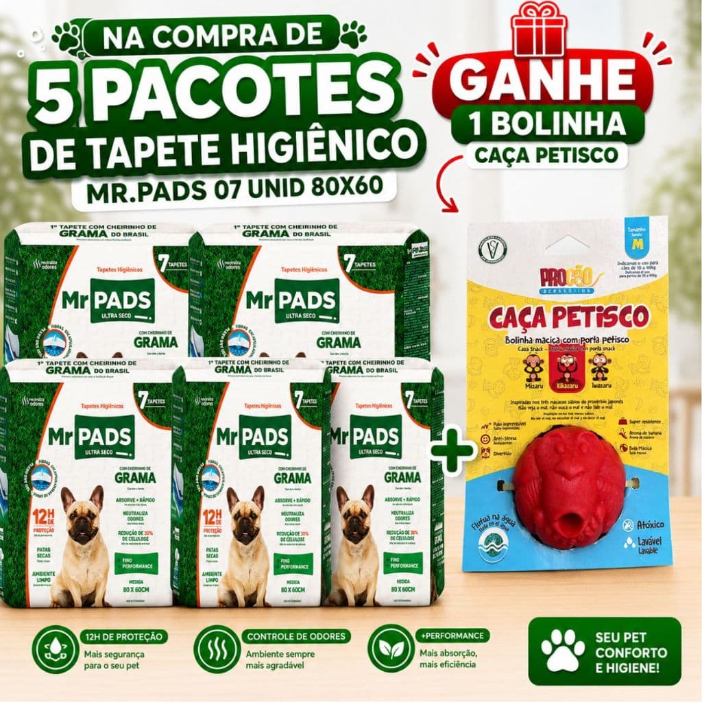 KIT 5 Tapete Higiênico Mr Pads - Cachorros - Higiene Pet - Alta Absorção - 80x60cm 35 unid Mr Pads
