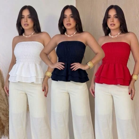 Kit 3 Blusas TOMARA QUE CAIA Peplum Lastex Sem Alça Feminina Moda gringa