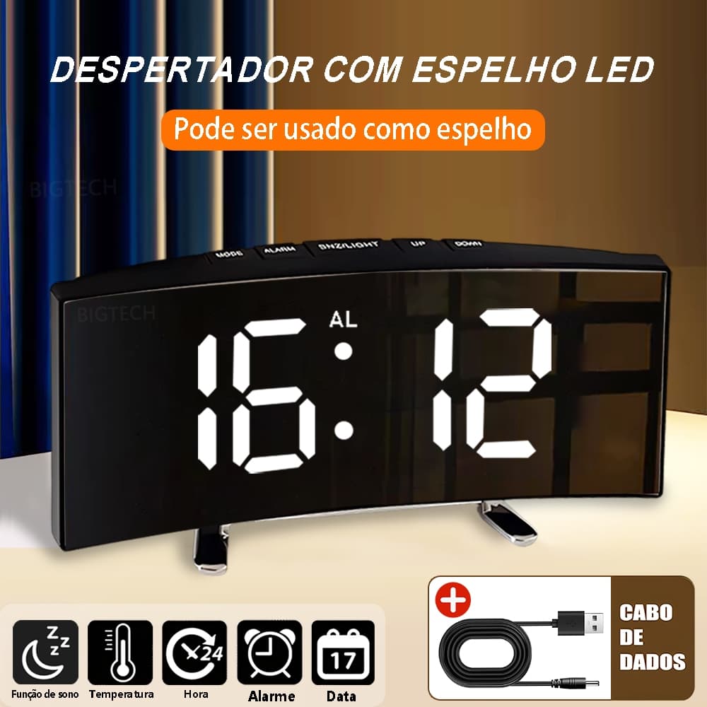 Relógio LED Digital Despertador Com Espelho Apresenta Exibição Da Hora Data E Temperatura Função De Memória De Hora