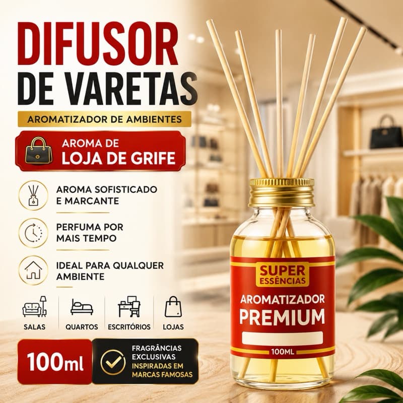 Difusor de Varetas, Aromatizador de Varetas - AROMAS DE LOJAS DE GRIFE  | Cheirinho Para Ambientes - 100ml