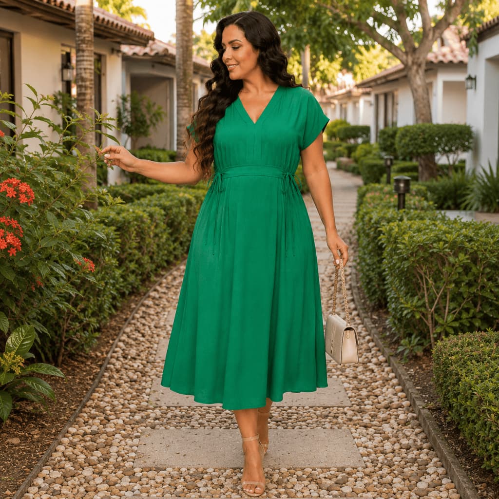 Vestido Midi Soltinho Modesto Tecido Dunas Verão Leve Confortável Elegante Casual Verão Ajuste Lateral Têndencia