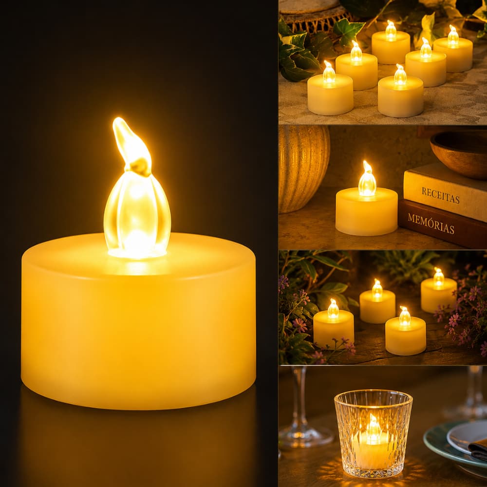 Kit 12 Mini Velas Led Eletrônica Luz Amarela C/ Bateria Inclusa Decoração Festa Eventos Jantar Casamento Formatura Chá