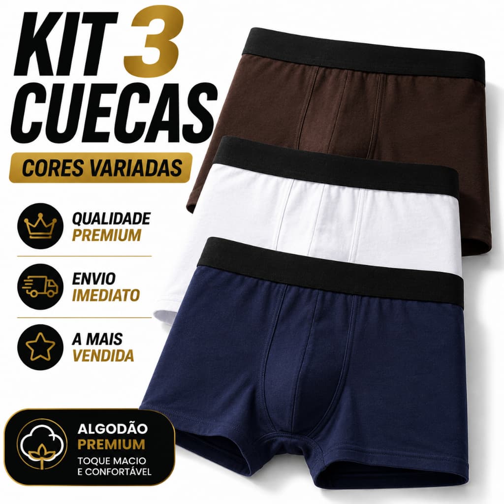 Kit 3 Cuecas Boxer Masculina Algodão com Elastano Premium Respirável Toque Macio