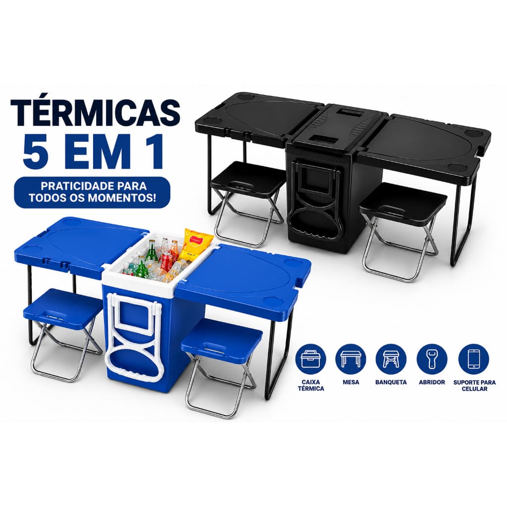🧊 Caixa Térmica 32L 5 em 1 Arqplast | Cooler com Mesa e 2 Banquetas | Azul e Preta