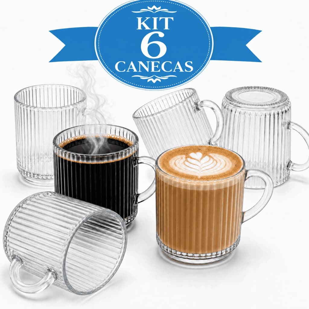 Kit 6 Xícaras Canecas Vidro Caneladas Café Chá Lindas Resistentes