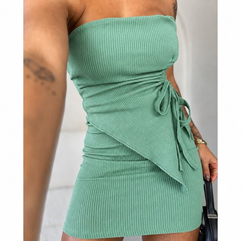 Conjunto Feminino Anarruga Premium Cropped Batinha Tomara que Caia e Saia Curta Franzida na Lateral