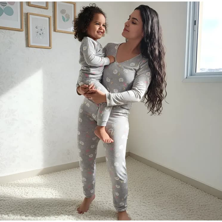Pijama Tal Mãe Tal Filha Ovelhinhas Manga Longa Cinza Kit