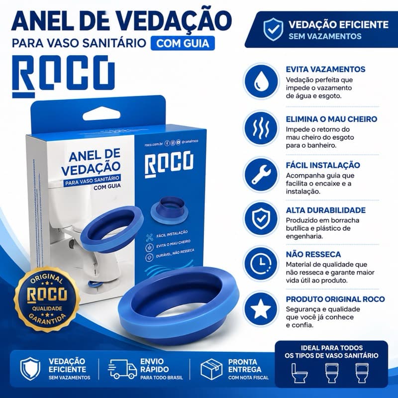 Anel de Vedação para Vaso Sanitário com Guia Roco Original Anti Vazamento Evita Mau Cheiro Fácil Instalação