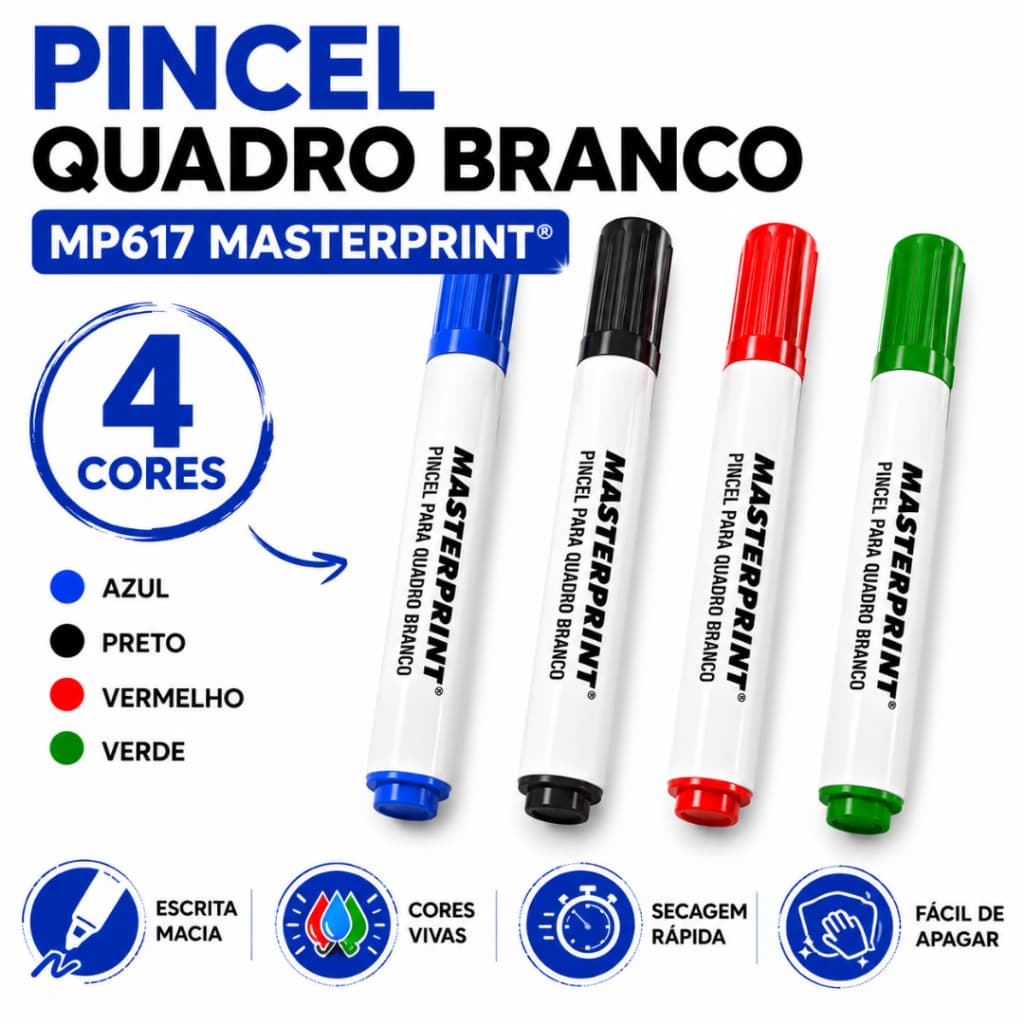 Kit 4 Canetas Quadro Branco MP617 Masterprint + Apagador Magnético 4 Cores Azul Preto Vermelho Verde Pincéis Quadro Bran