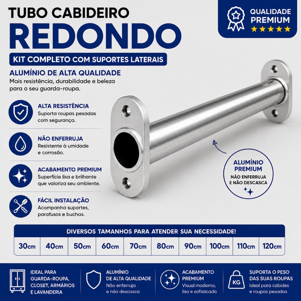 Tubo Cabideiro Redondo Alumínio com Suportes Laterais para Guarda-Roupa Closet Armário Diversos Tamanhos