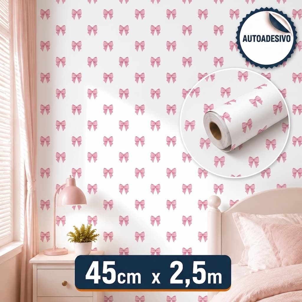 Papel de Parede Adesivo Laço Rosa 2,5m Infantil Quarto Bebê Menina Autoadesivo Decoração