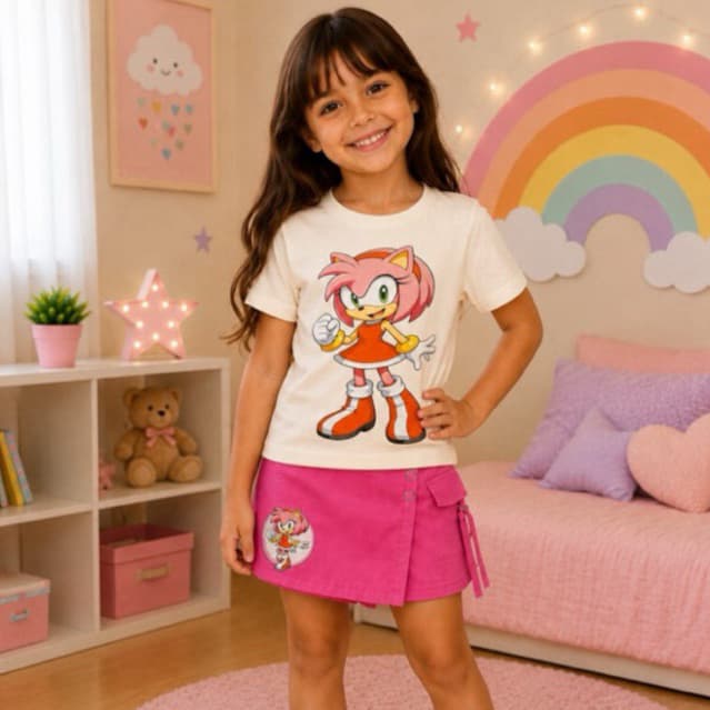 Look infantil Amy Sonic menina. Camiseta e conjuntos personagens