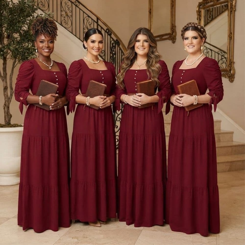 Vestido Longo Feminino Manga Longa Com Perolas E Laço Moda Evangelica Plus Size Para Congresso Luxo