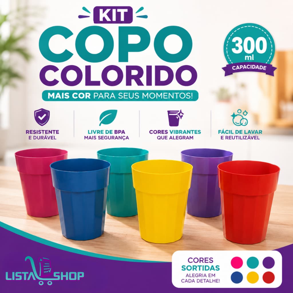 Kit Copos Plásticos 300ml 5 e 10 Unidades Resistente Reutilizável para Eventos Merenda Criança Escola