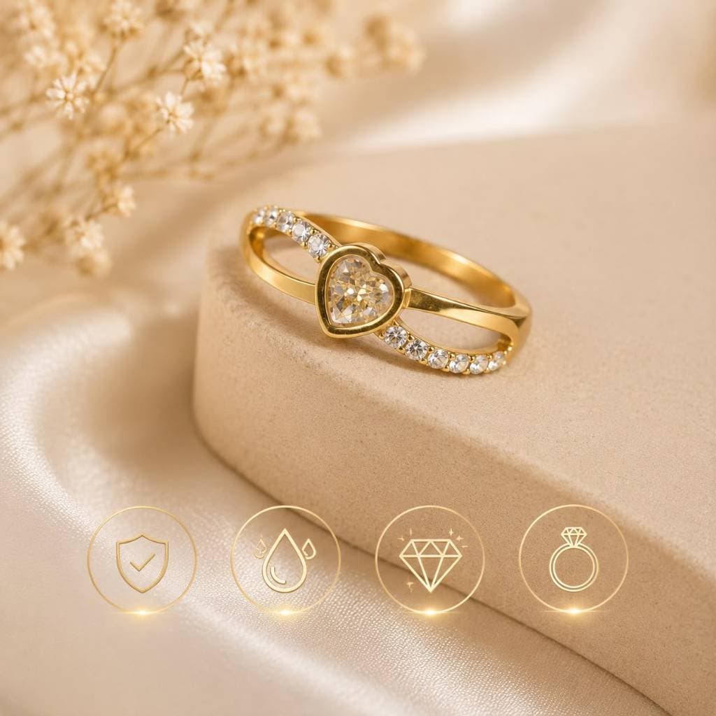 Anel Coração Feminino Aço Inoxidável Dourado com Zircônias Aro 16 ao 21